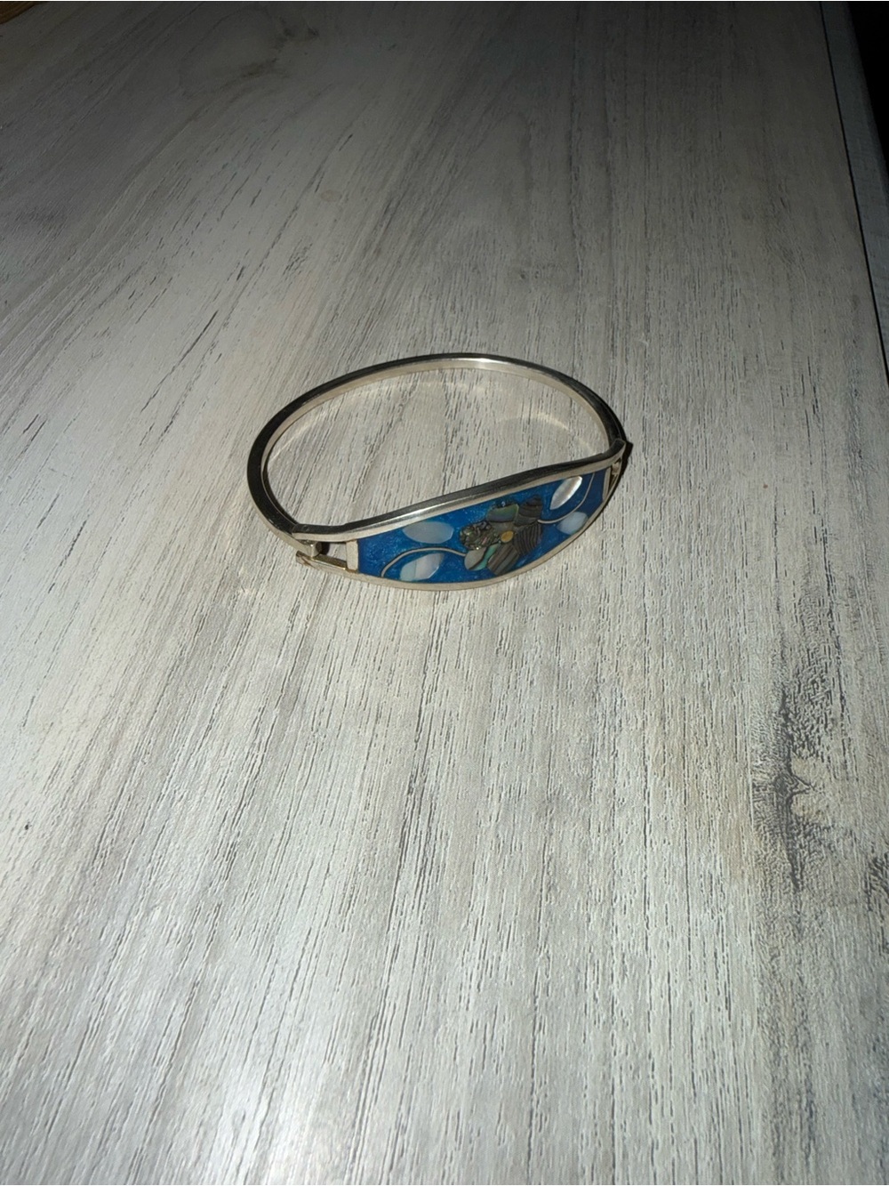 Blue Floral Enamel Hinged Bangle Bracelet